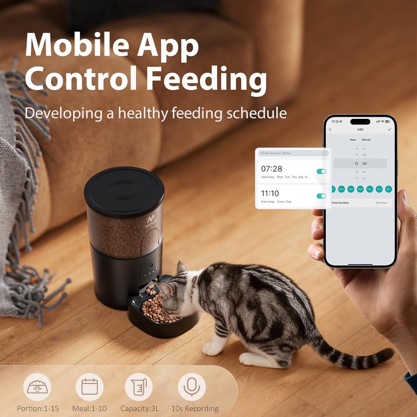 IMIPAW Automatic Cat Feeder with Camera, 1080P HD AI Pet Recognition Recording, 5G WiFi APP Remote Control, Timed Programmable Food Dispenser, Two-Way Audio, with Night Vision Function and Desiccant