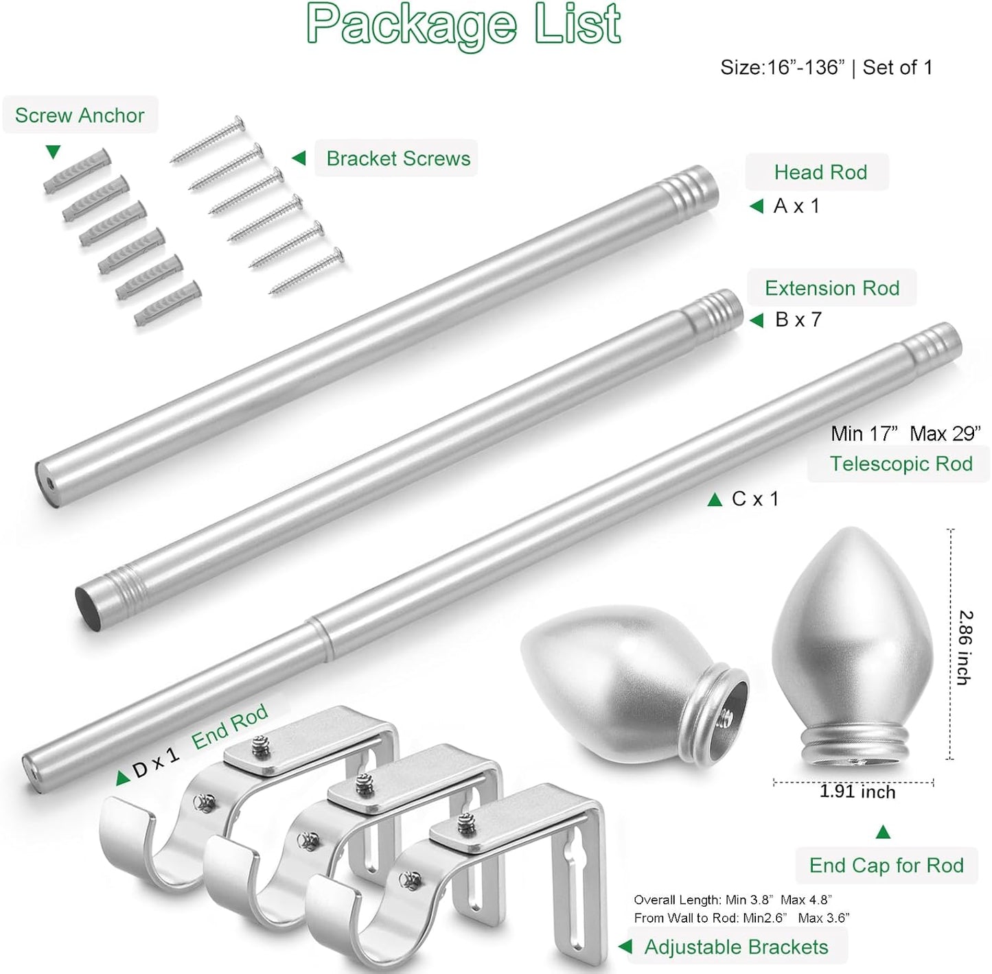 Curtain Rods for Windows 16 to 136 inches, Curtain Rod Max Adjustable Length to 146 in, Drapery Rod 1 inch Diameter with Modern Knobs Finials (Satin Silver, 16" to 136" - Set of 1)