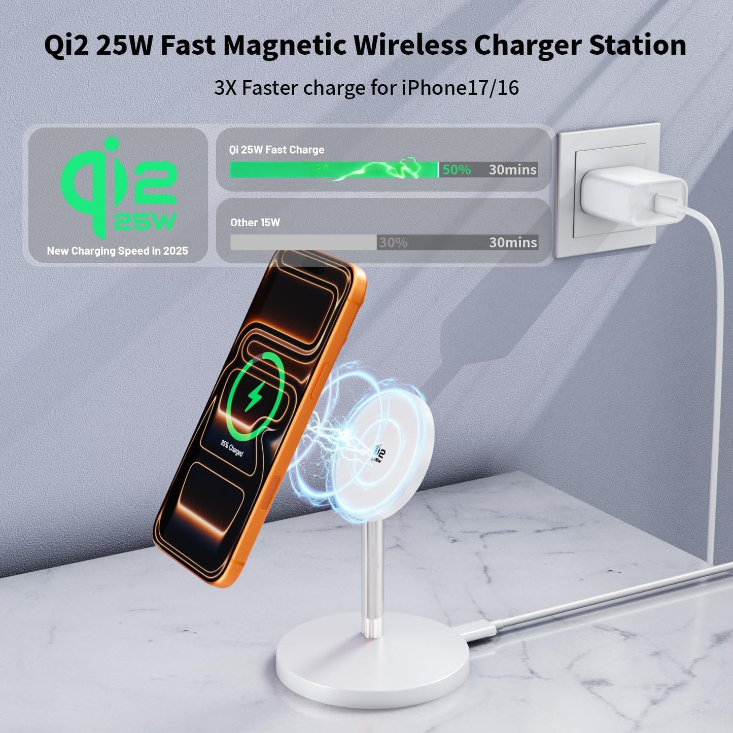 Magnetic Wireless Charger iPhone Stand,Qi2.2-Certified 25W Mag-Safe Charger Fast Charging Stand 35W USB C Adapter 6FT Cable Wireless Fast Charge Station for iPhone 17 Pro Max/17/16/15/14/13/12,AirPods
