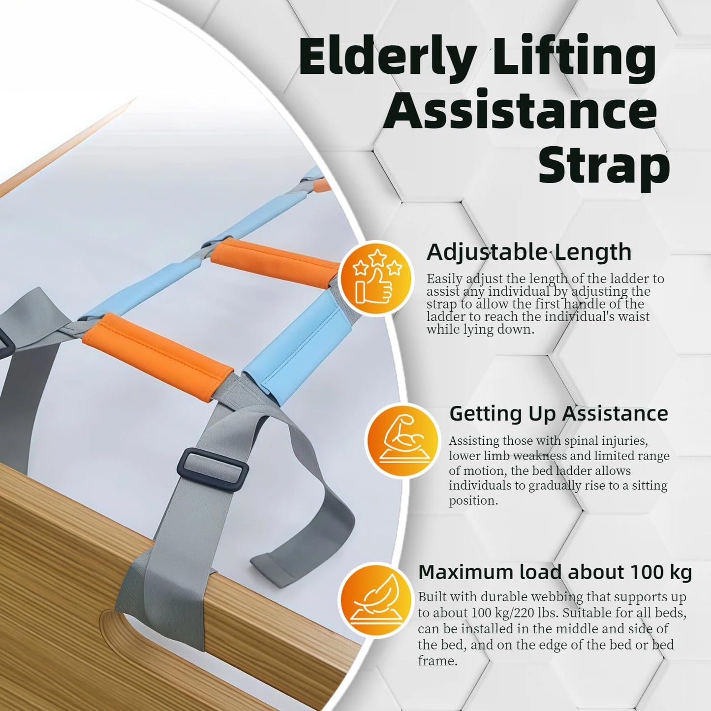 Bed Ladder Assist with Soft Handle Grips Assist Device with Handle Strap Sit Up Hoist Adjustable Length Assistant to Get Out of Bed for Seniors Handicapped Injured（Blue）