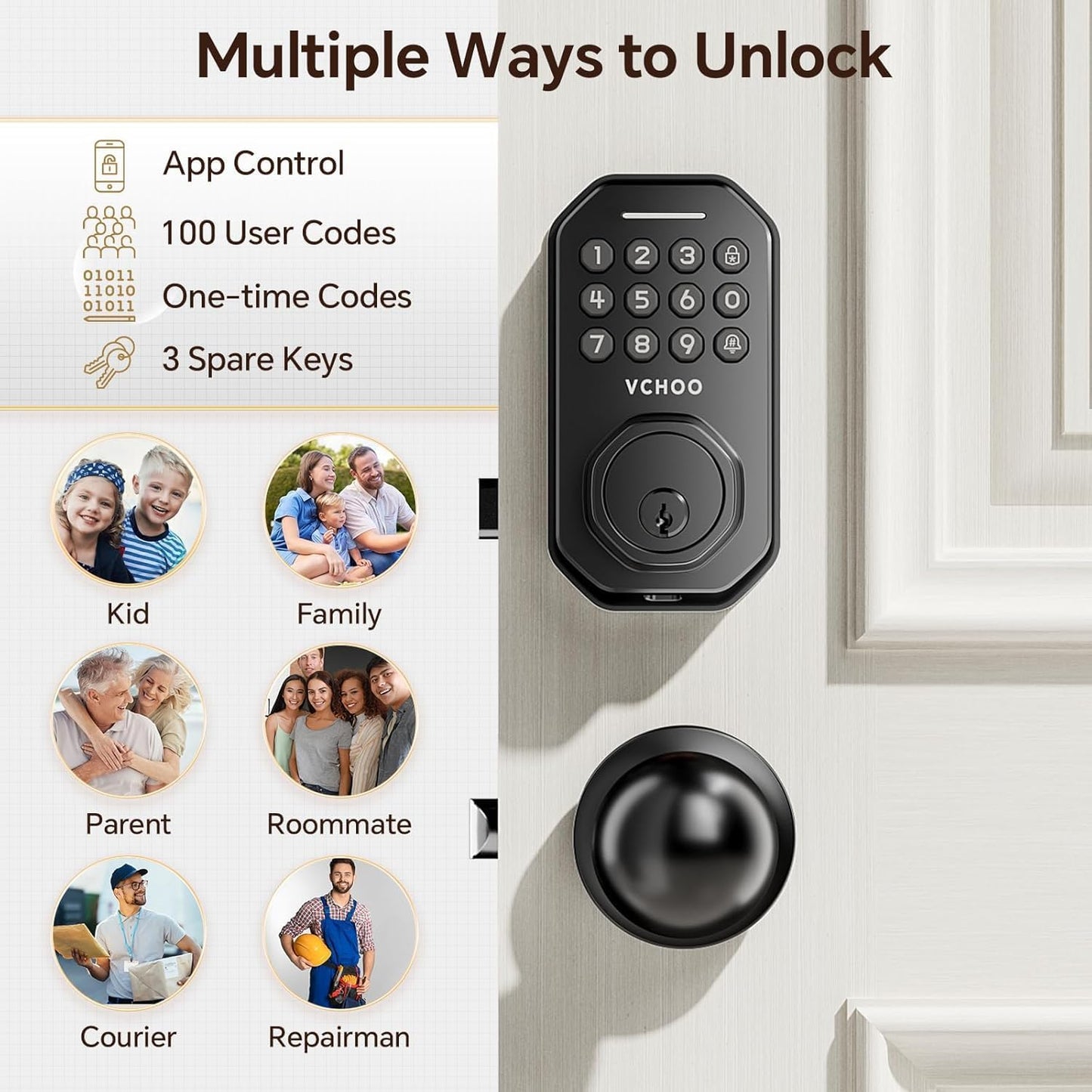 Keyless Entry Door Lock with Handle, App Control Door Locks for Front Door, Auto Lock Keypad Door Lock with Handle, Smart Door Lock for Home Hotel Bedroom with 2 Door Knobs
