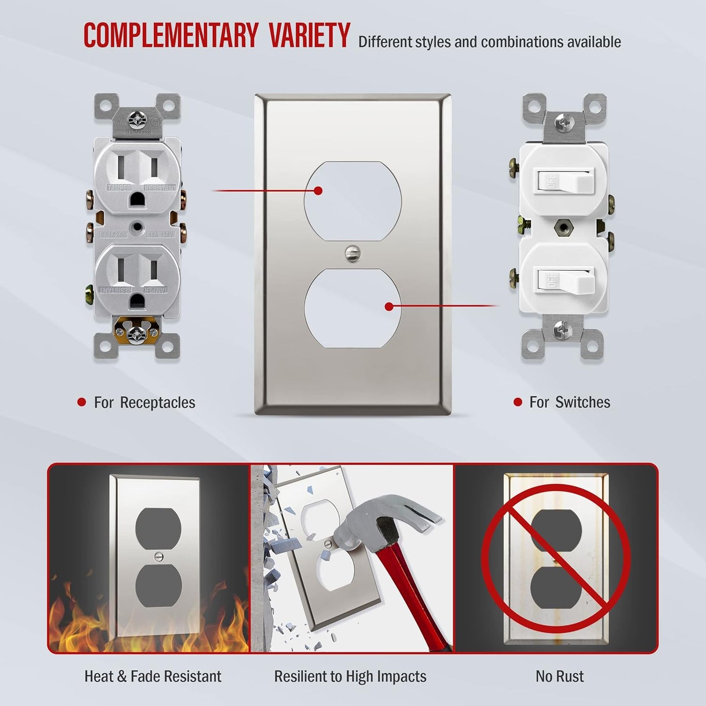 ENERLITES Duplex Receptacle Outlet Metal Wall Plate, Stainless Steel Outlet Cover, Corrosion Resistant, Size 1-Gang 4.50" x 2.76", Stainless Steel 201, 7721-PC, Polished Chrome, Silver