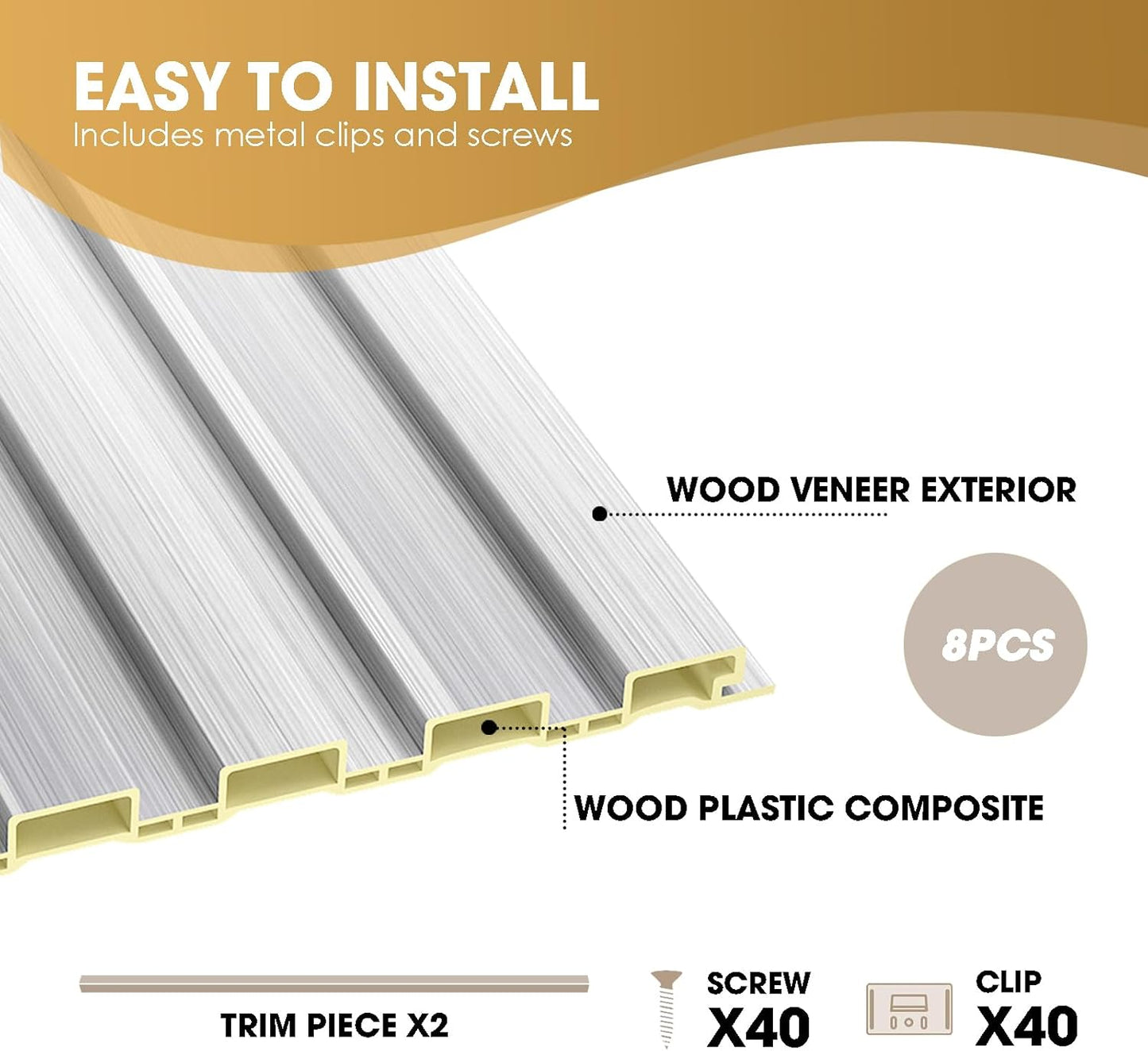OUZUGIE WPC Acoustic Slat Wall Paneling, 8-Pack 96 x 6 Inches 3D Wall Panels for Interior Wall Decor,Living Room,TV Background,Study Room,Office Spaces,Bedroom,Low Grille (Metallic Silver)