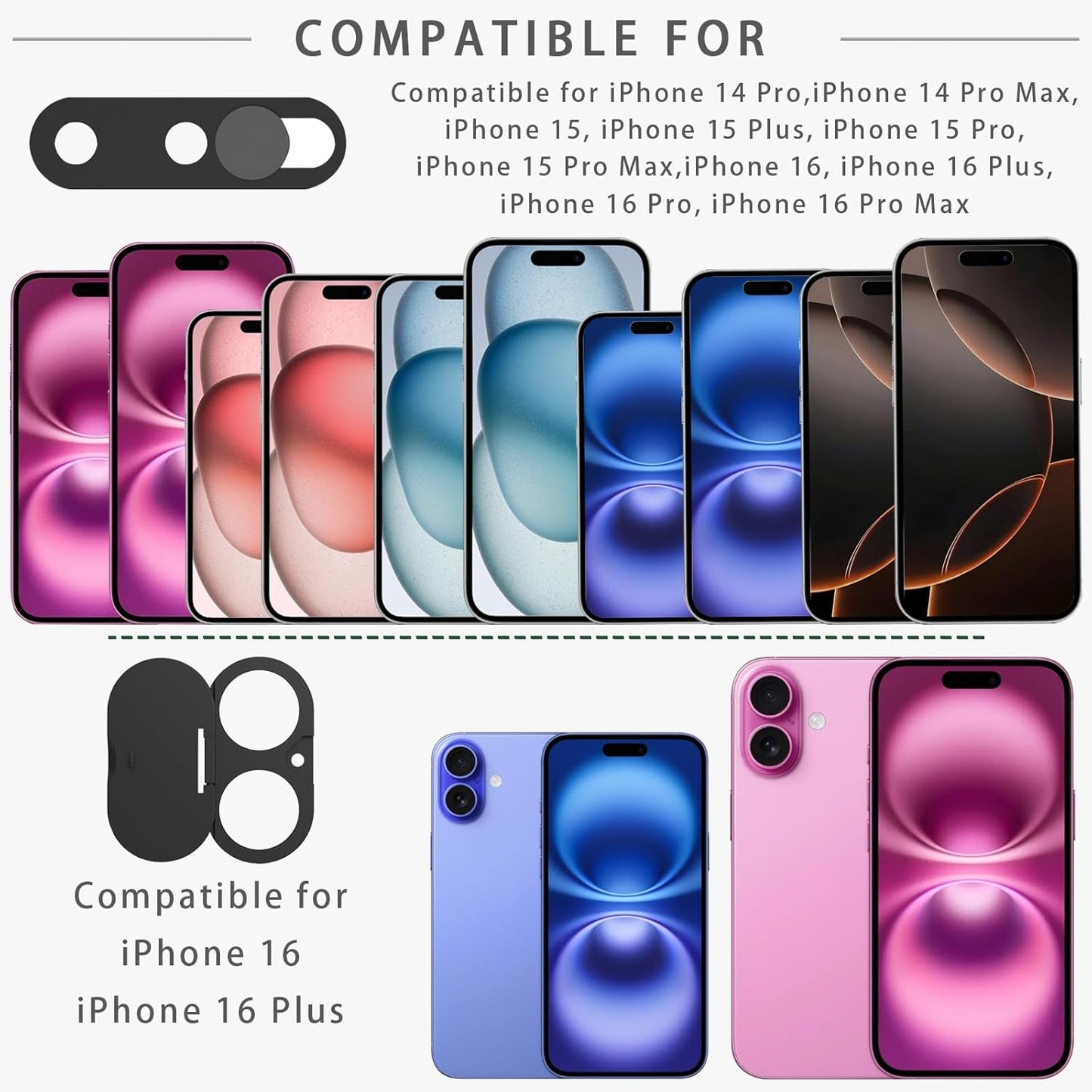 Front Camera Cover Compatible for iPhone 16/16 Plus with Rear Lens Cover,Protect Privacy and Security But Not Affect Facial Recognition (2Pack)-2025 Updated Version
