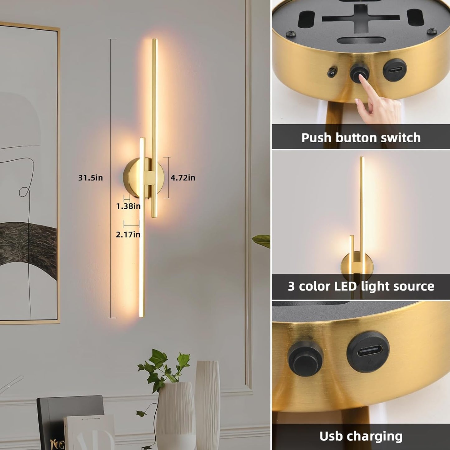 Battery Operated Wall Sconce Set of 2,Gold 31.4" 3000K-6500K LED Dimmable Wall Sconces with Remote Control,Wireless Wall Light USB Rechargeable for Bedroom Hallway Living Room Background Wall Lighting