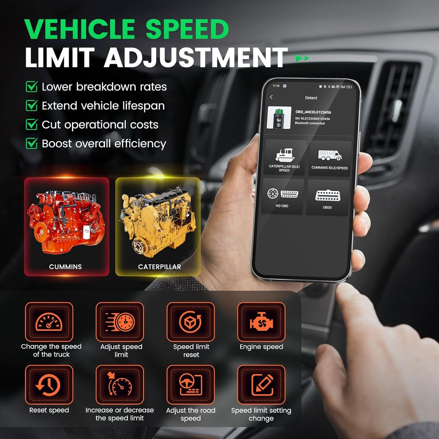 ANCEL HD200 Bluetooth Heavy Duty Truck Scanner, Speed Limit and Idle Reset for Cummins & Caterpillar Engines, J1939/J1708 Diesel Code Reader & All-System Diagnostic Tool, Lifetime Free Updates