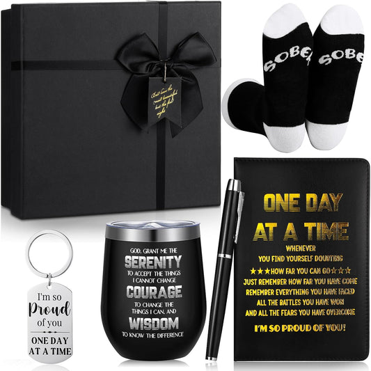 6 Pcs Sobriety Gifts for Men Women Addiction Recovery Sober Encouragement Gifts 12 oz Stainless Steel Cup Socks Keychain Pen Notebook Box for AA NA Alcoholics Addiction Sober Milestone