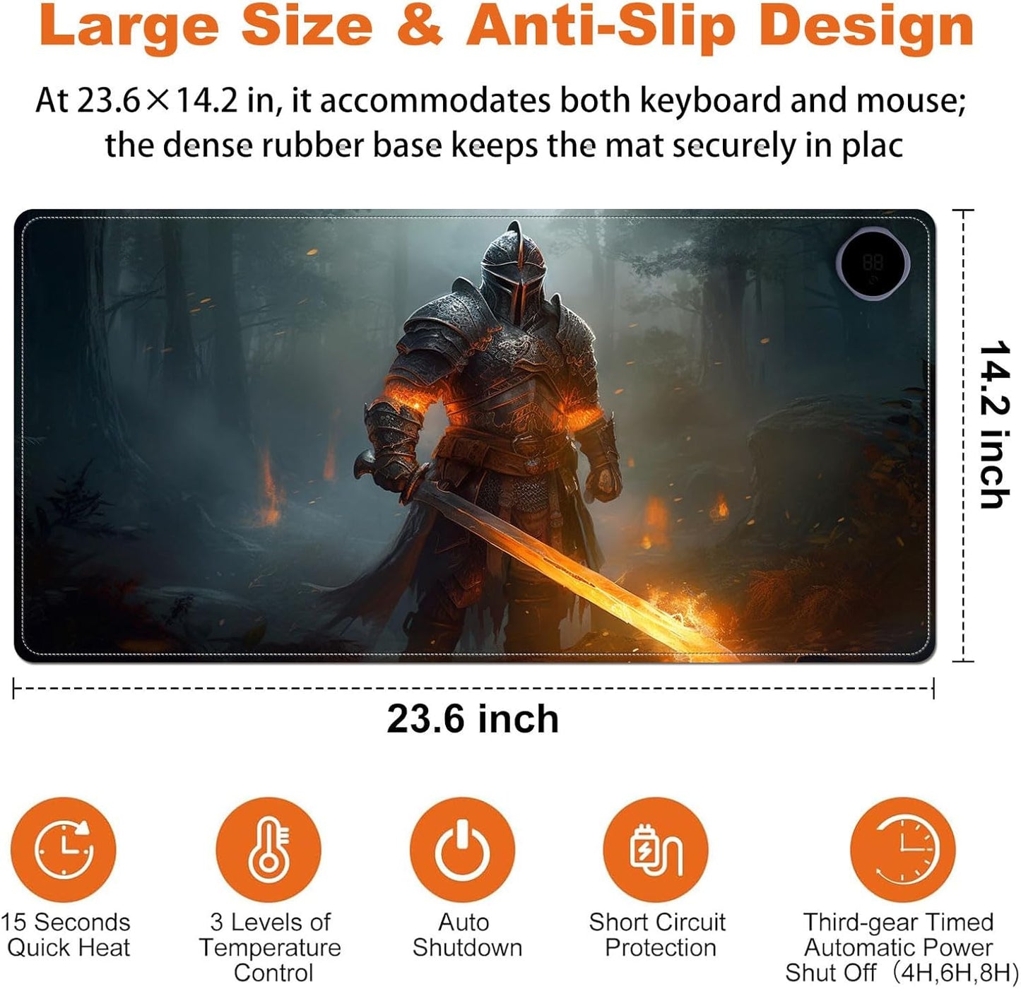Small Heated Desk Pad 23.6" x 14.2" – Compact Electric Mouse Pad with 3 Heating Levels, Auto Shut-Off, Waterproof PU Surface, Plug-in Warmer for Office or Home Use, Fire Warrior