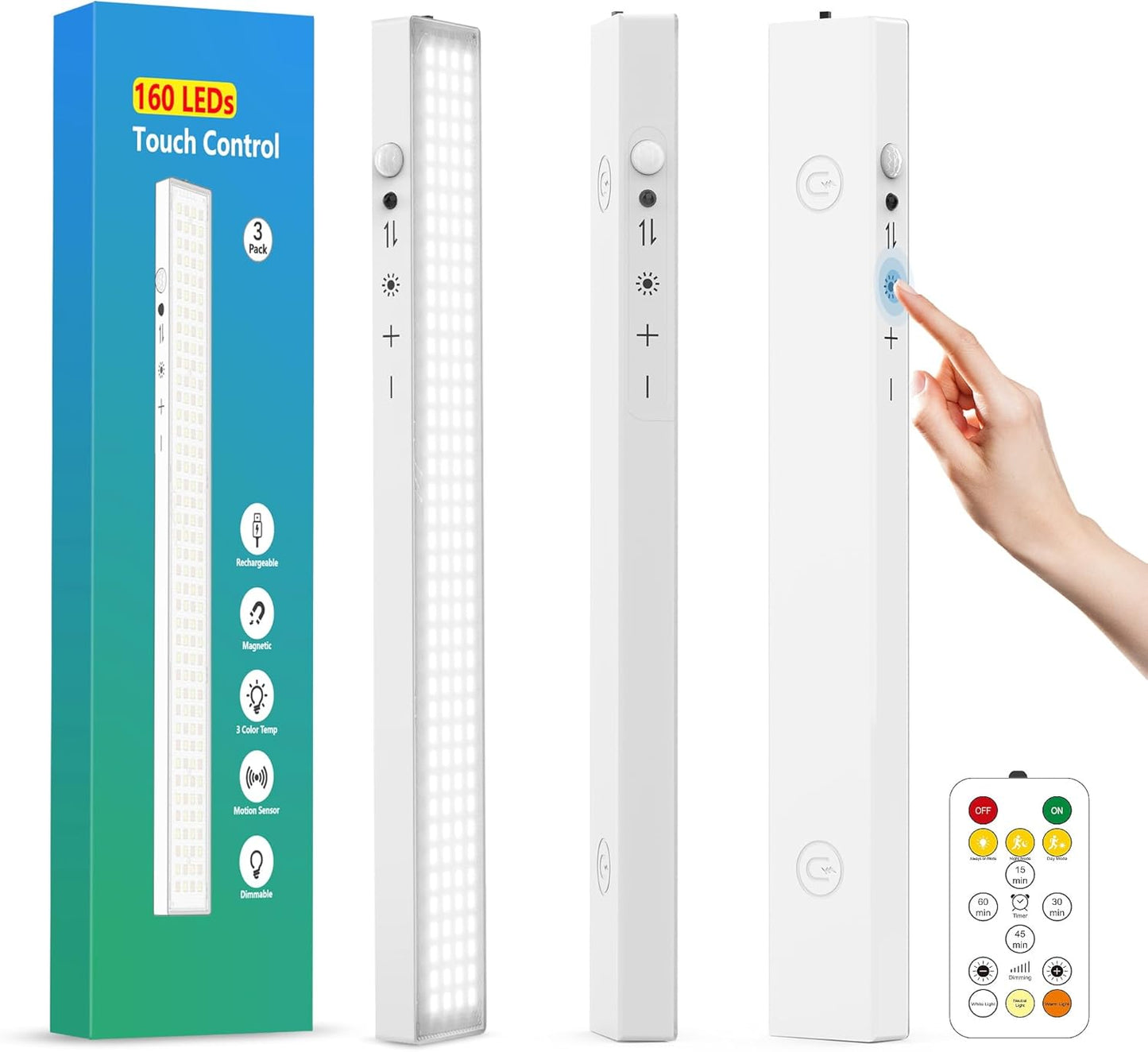 160LEDs Touch-Control Under Cabinet Lighting w/4000mAh Battery, Cordless Motion Sensor Under Counter Lights for Kitchen, Magnetic Rechargeable Closet Lights - 3Pack/White, 2025 Fall