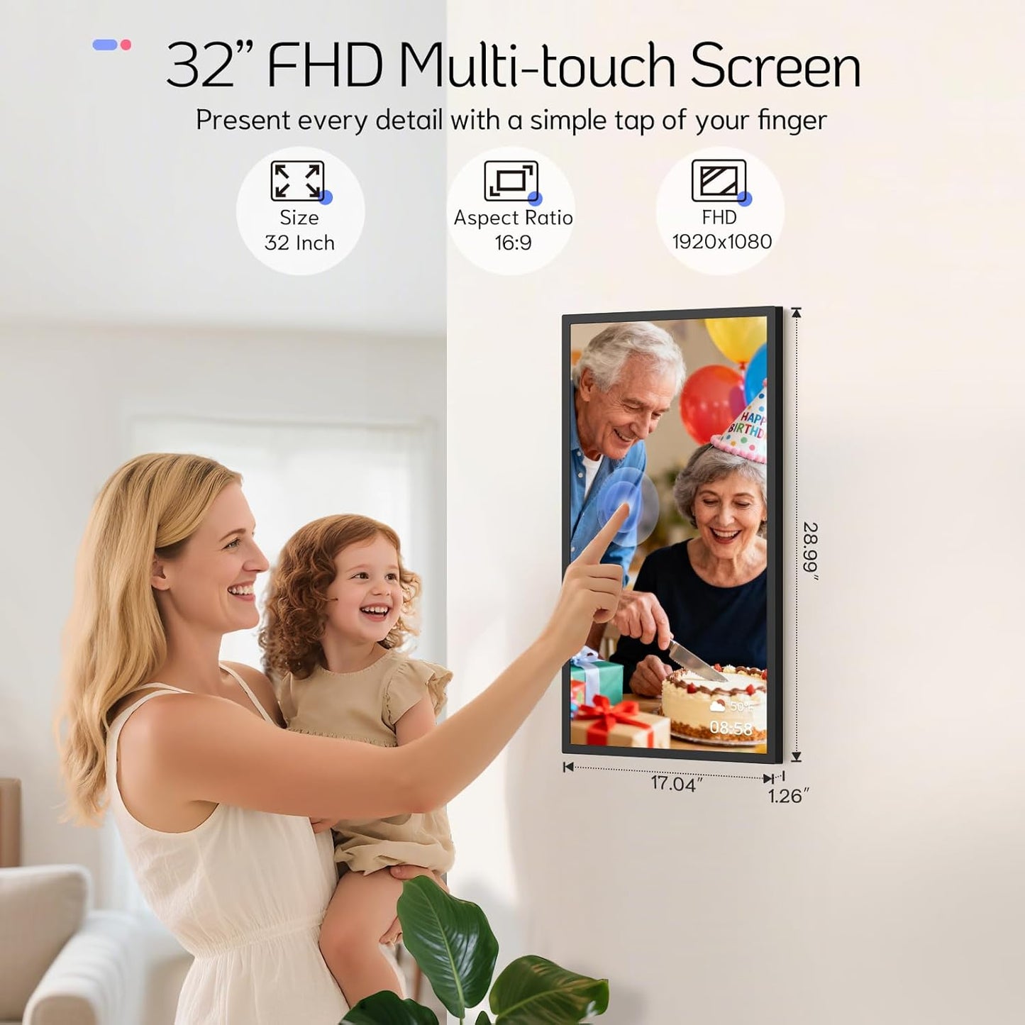 NexFoto 32 Inch Touchscreen Large Digital Picture Frame, 64GB FHD WiFi Electronic Photo Frame, Add Photos from Google Photos, Share Videos, Send Greeting, Gifts for Christmas Housewarming, Black