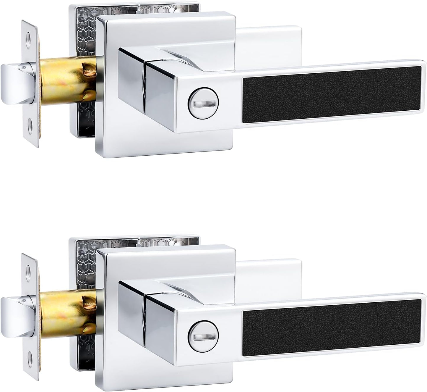 Probrico Square Heavy Duty Door Handle with Black Leather Hand Lever, Keyless Privacy Interior Door Levers for Bedromm and Bathroom, Polished Chrome, 2 Pack