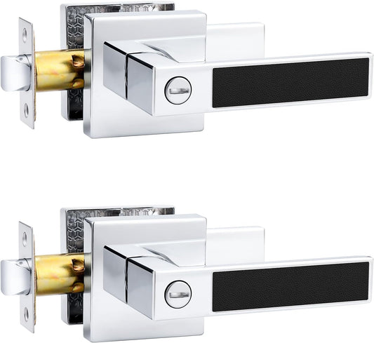 Probrico Square Heavy Duty Door Handle with Black Leather Hand Lever, Keyless Privacy Interior Door Levers for Bedromm and Bathroom, Polished Chrome, 2 Pack