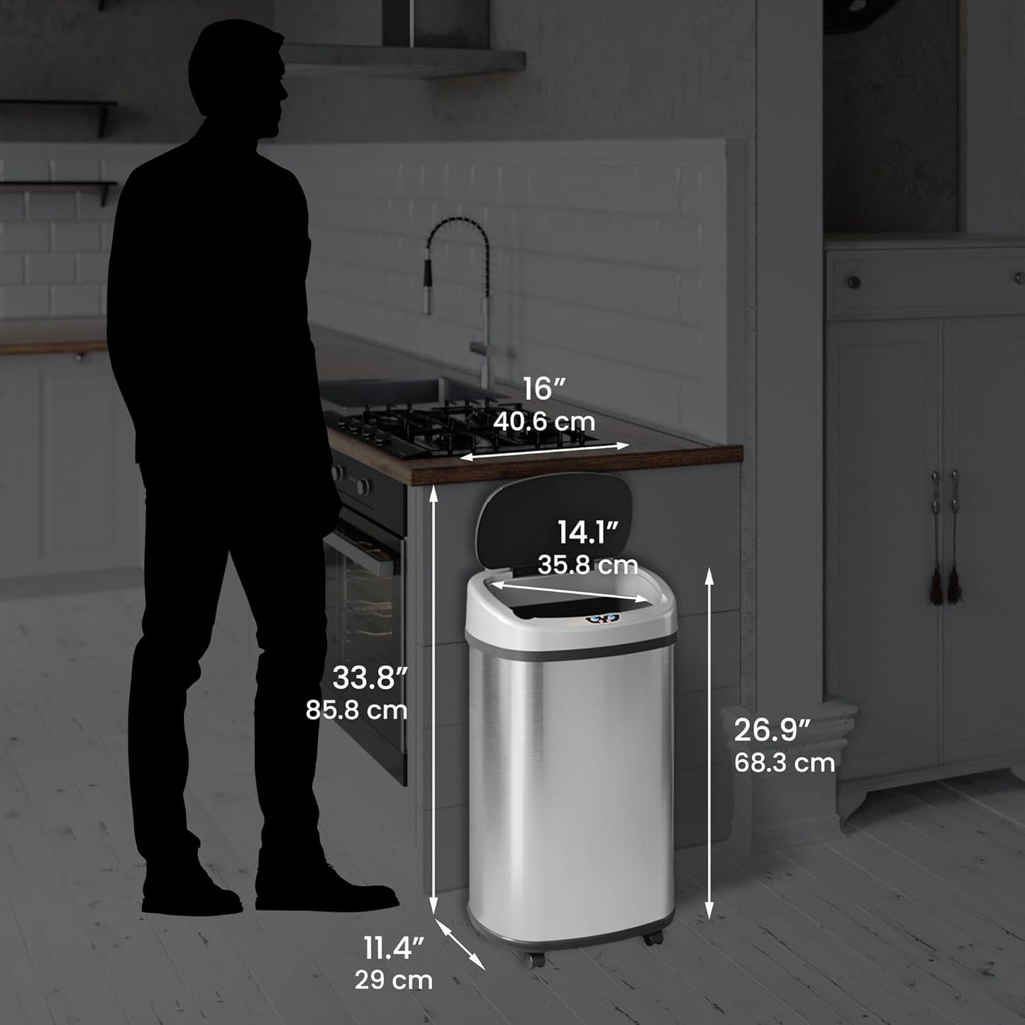SensorCan 13 Gallon Sensor Trash Can with Wheels and AbsorbX Odor Control System, Stainless Steel, Oval Shape Automatic Kitchen and Office Garbage Bin (Powered by Battery or Optional AC Adapter)
