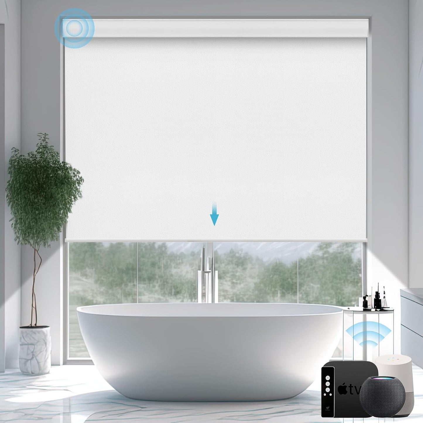 SmartWings Motorized Smart Blinds with Remote, Automatic Blackout Roller Shade Work with Alexa Homekit Thread Google Z-Wave, Electric Blind for Window, Custom Width Up to 110" W,Vinyl Pure White