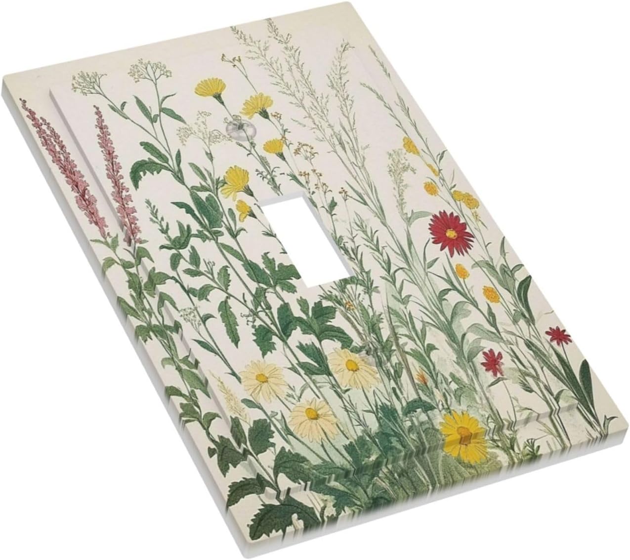 Rustic Wildflower Green Plants Daisy Floral Decorative Light Switch Cover 1 Gang Single Toggle Device Electrical Faceplate Switchplates Decorator Outlet Wall Plate For Farmhouse Bed Room Decor