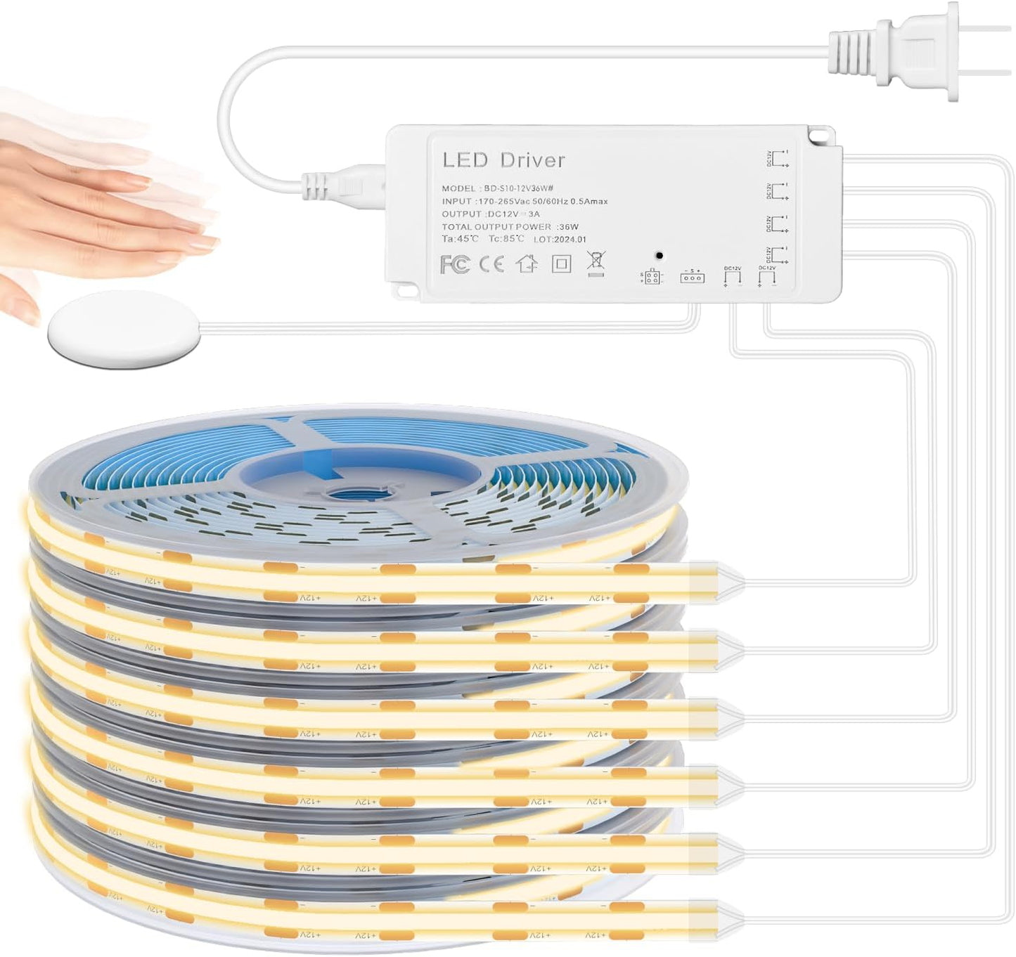 Lichaser 9.84ft COB LED Strip Light, 6 Rolls of 3000K Flexible COB LED for Acoustic Panel and Wood Slat Wall Panels Parallel with Dimmable Touch Sensor Switch, Cuttable for Wood Slat Lighting, Shelf