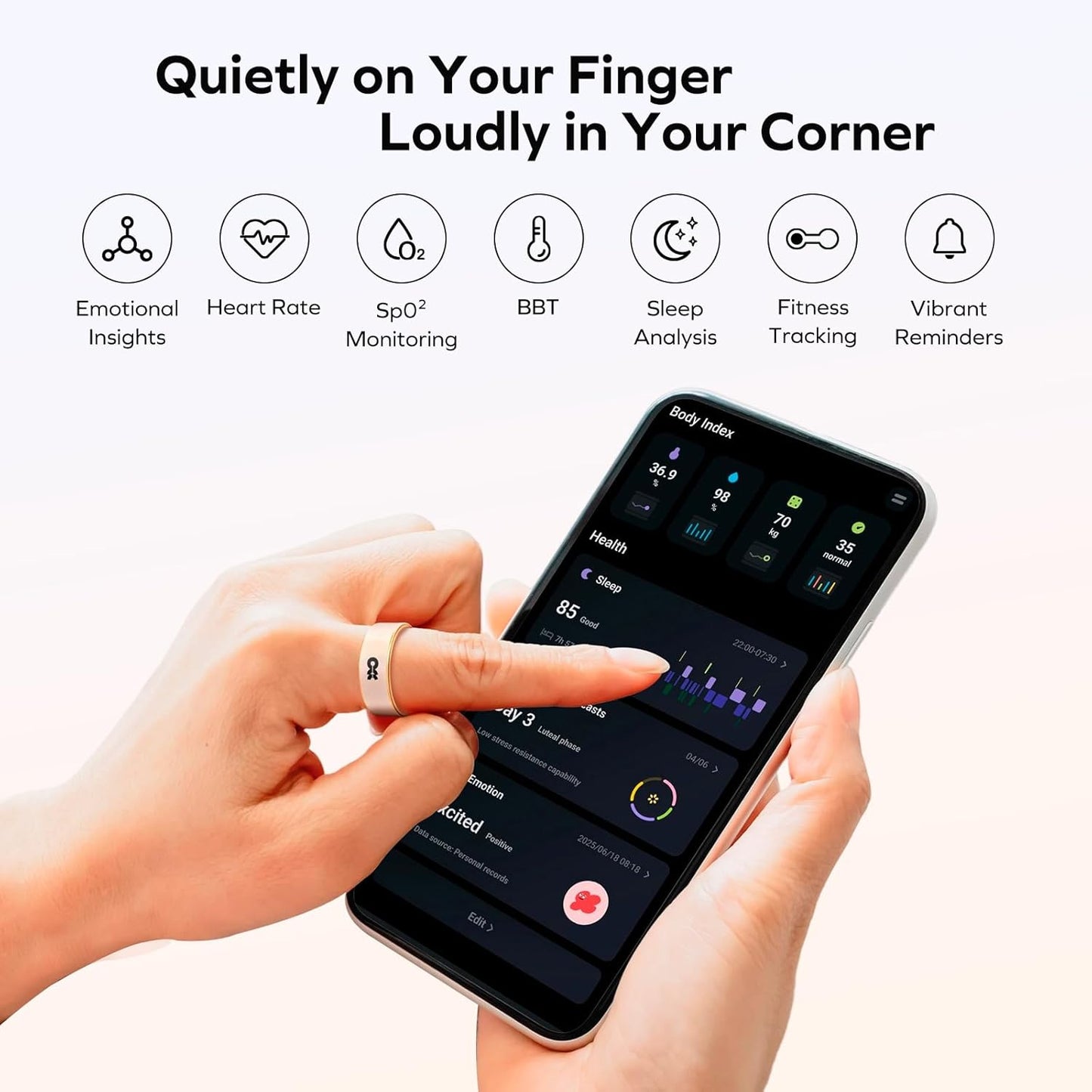 MOMAX 1-Sense Soul Smart Ring for Women, Fashion Fitness Tracker with Mood Monitoring, Touch Control, 5ATM Waterproof, No APP Subscription, Health Ring for Men, Android & iOS Compatible