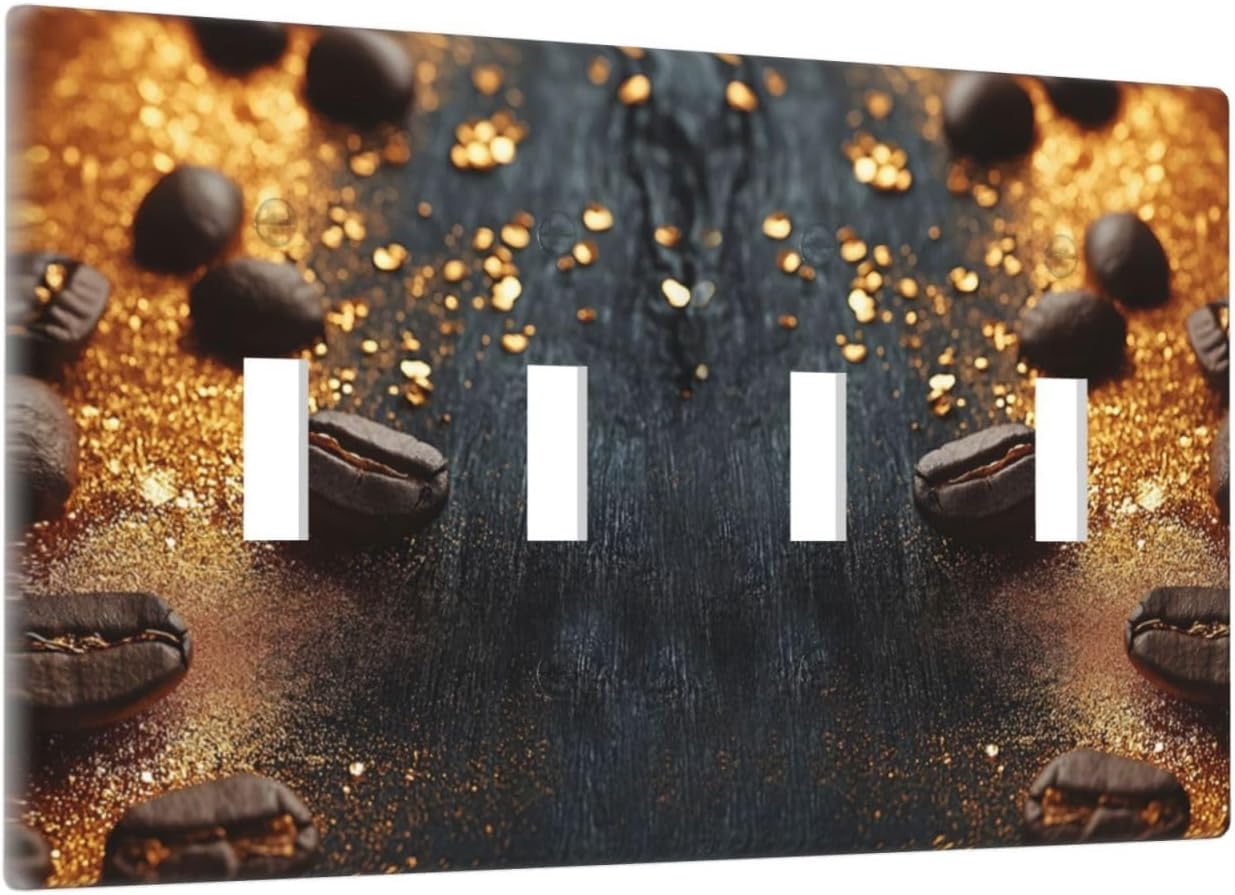 Decorative Light Switch Cover Plate Black Wood Board Gold Dust Coffee Beans 4 Gang Wall Plate Oversized Quad Toggle Switch Cover Plate Jumbo Face Plate for Home Decor