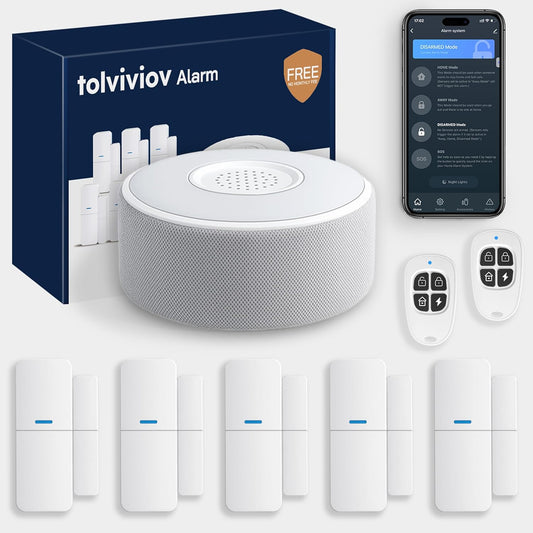 tolviviov WiFi Smart Door/Window Alarm System 8-Piece Kit – App Alerts, Compatible with Alexa, No Monthly Fee, Expandable DIY Wireless Home Security, 1 Siren, 5 Sensors & 2 Remotes (8 Pack)