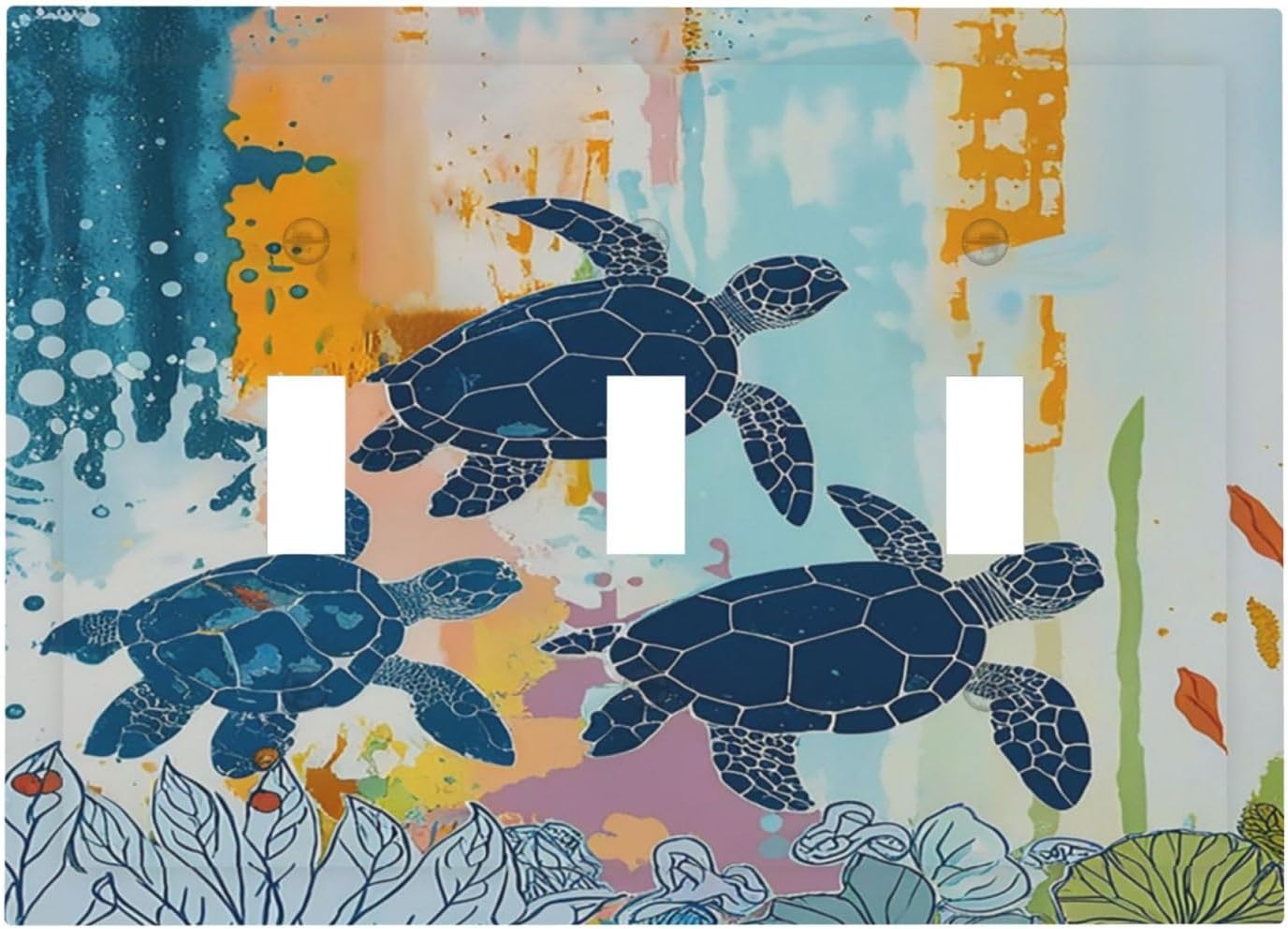 Decorative Switch Plates Colorful Ocean Sea Turtle Marine Life 3 Gang Wall Plate Triple Toggle Light Switch Cover Faceplate Electrical Wall Panels for Kids room Bedroom Decor