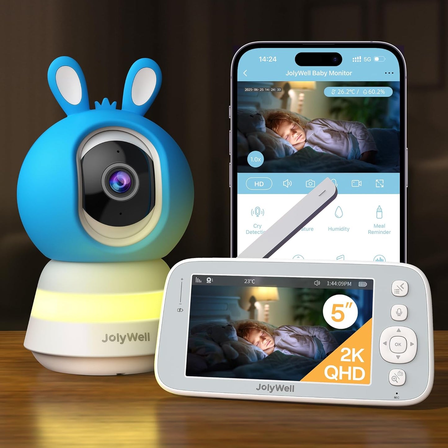 2K Baby Monitor with Camera and Audio, 5" Display Wifi Baby Monitor with App Control, Motion & Cry Detection, Night Vision, VOX, Real-Time Record, Temper Sensor, 2-Way Talk, RGB Night Light, Lullabies