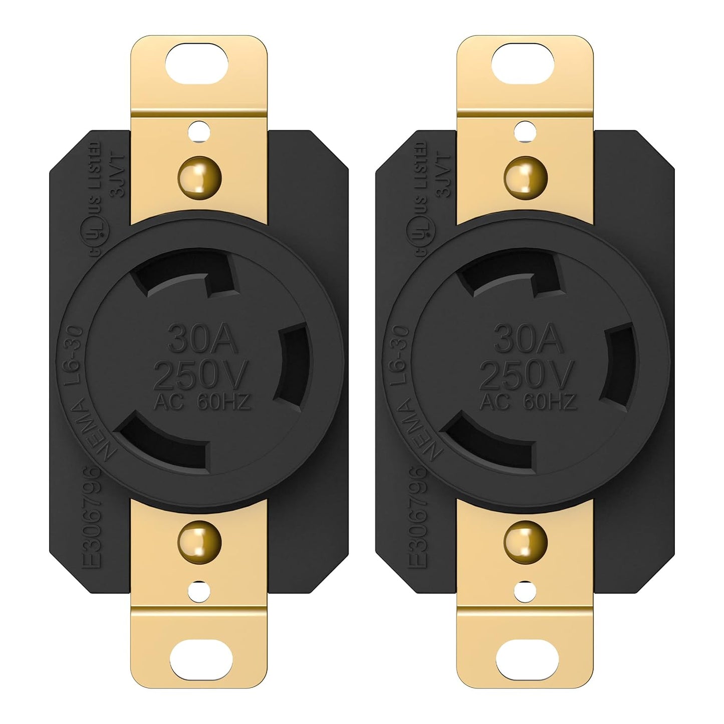 ENERLITES NEMA L6-30R Flush Mounting Locking Receptacle for Generator, Twist Lock Outlet, 30 Amp, 250 Volt, 2 Pole, 3 Wire Grounding, Industrial Grade Heavy Duty, UL Listed, 66460-BK, Black, 2 Pack