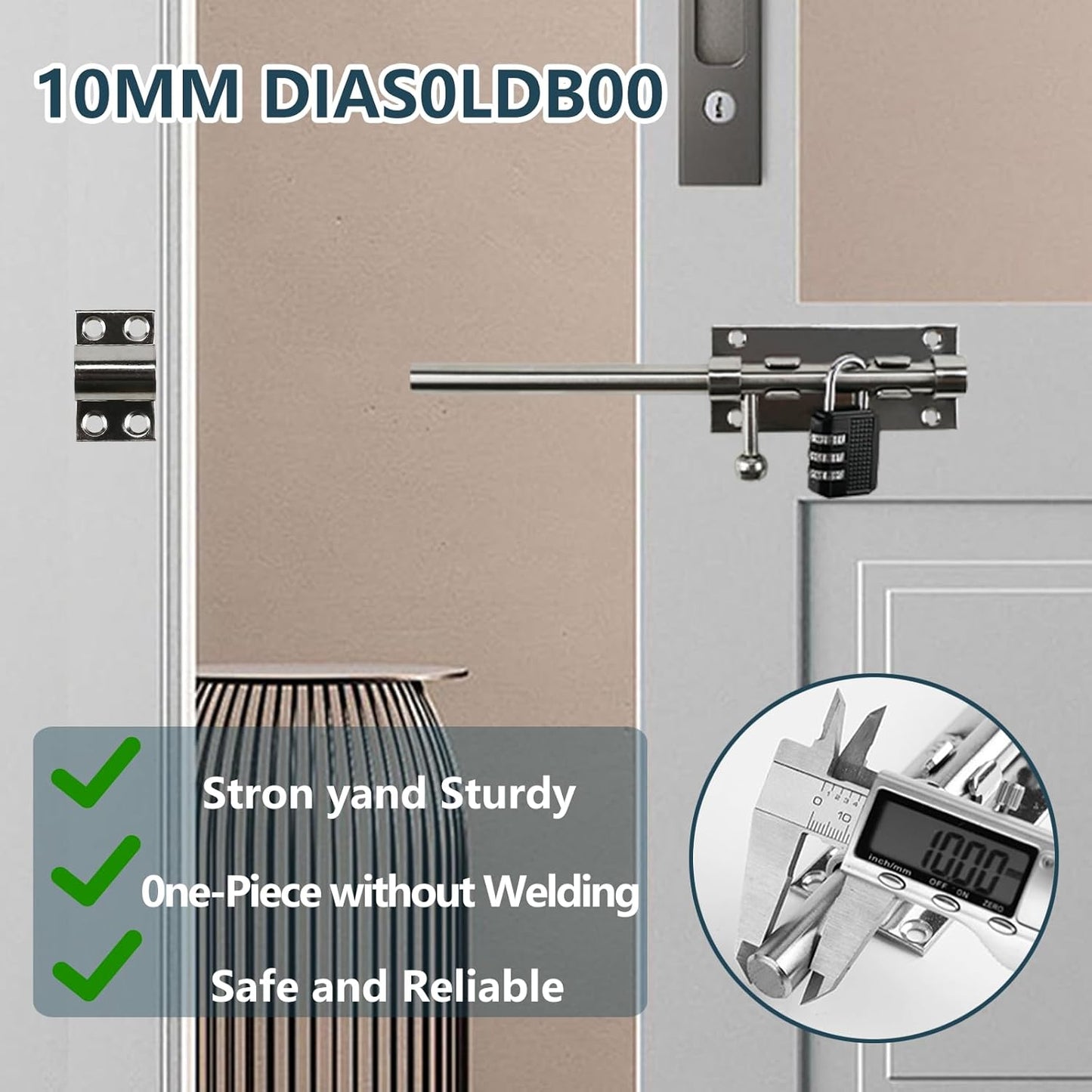 Sliding Bolt Door Latch, 201 Stainless Steel Barrel Bolt Lock, 30mm Combo Padlock Included, Heavy Duty Slide Gate Latch with 12 Screws, Silver Finish