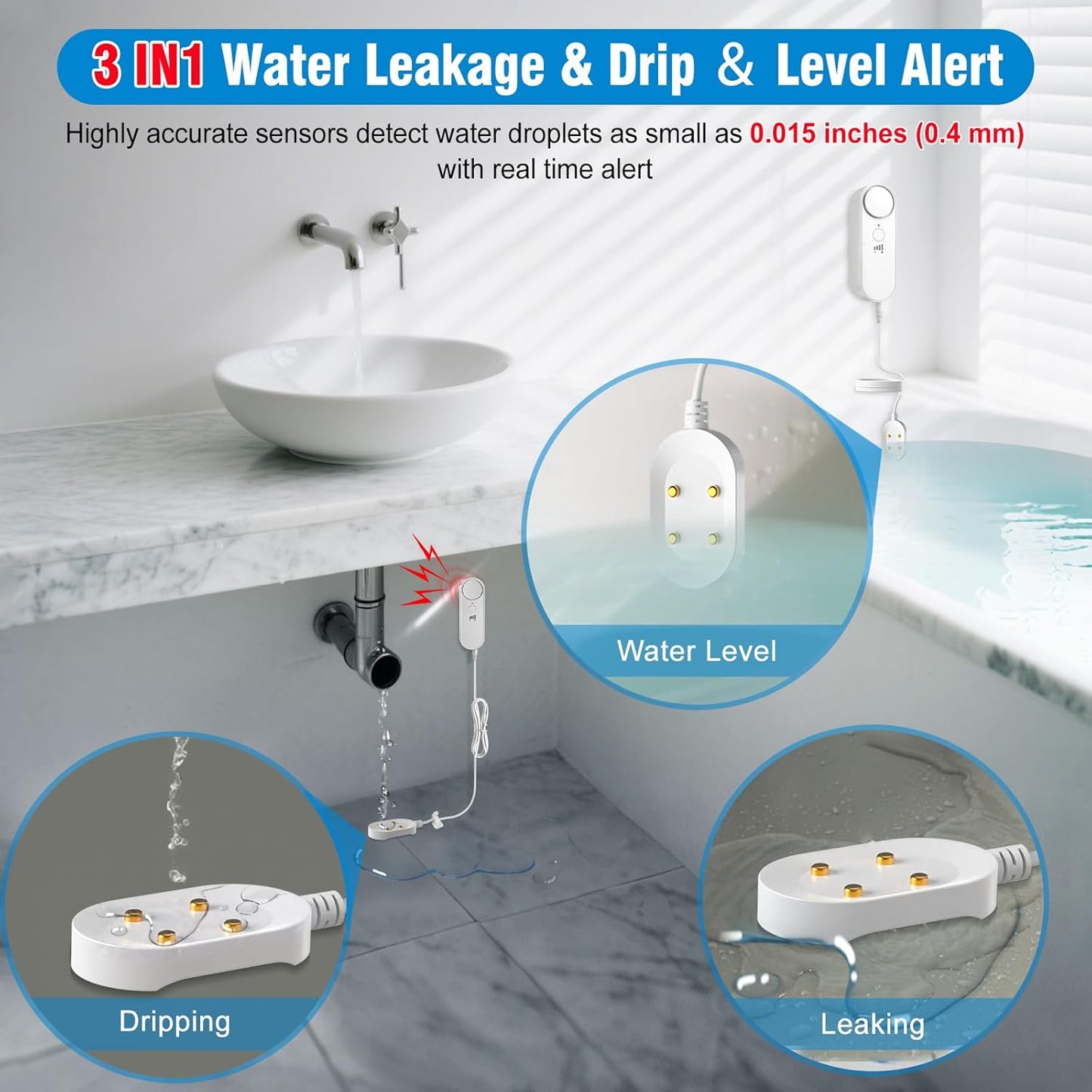Daytech 3in1 Water Alarm for Basements with 6.5ft Detection Cable Water Sensor for Bathroom Water Leak Detectors for Home RV Kitchen Sump Pump Alarm for Water Heater Washing Machine Sink (2 Pack)