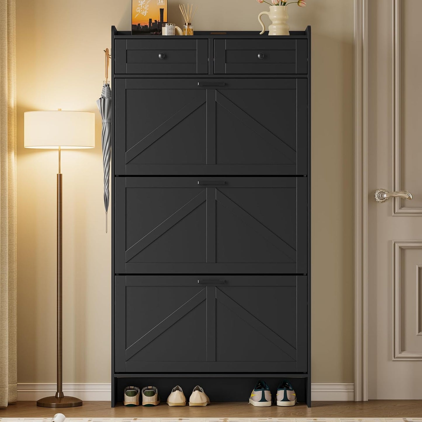 Shoe Storage Cabinet for Entryway, Farmhouse Narrow Shoe Cabinet with 3 Flip Drawers & 2 Top Drawers, Adjustable Shelves & Hooks, Freestanding Hidden Rack Organizer for Hallway, Foyer