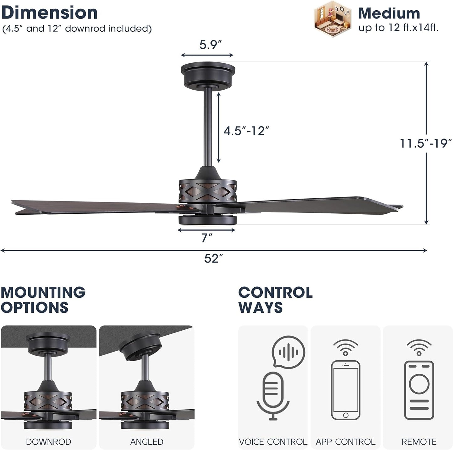 WINGBO 52" Smart Ceiling Fan with Lights, Black/Walnut Blades, 6 Speeds Reversible DC Motor, Works with Alexa and Google Assistant, 3CCT Dimmable LED Ceiling Fan for Bedroom Living Room, Black Finish