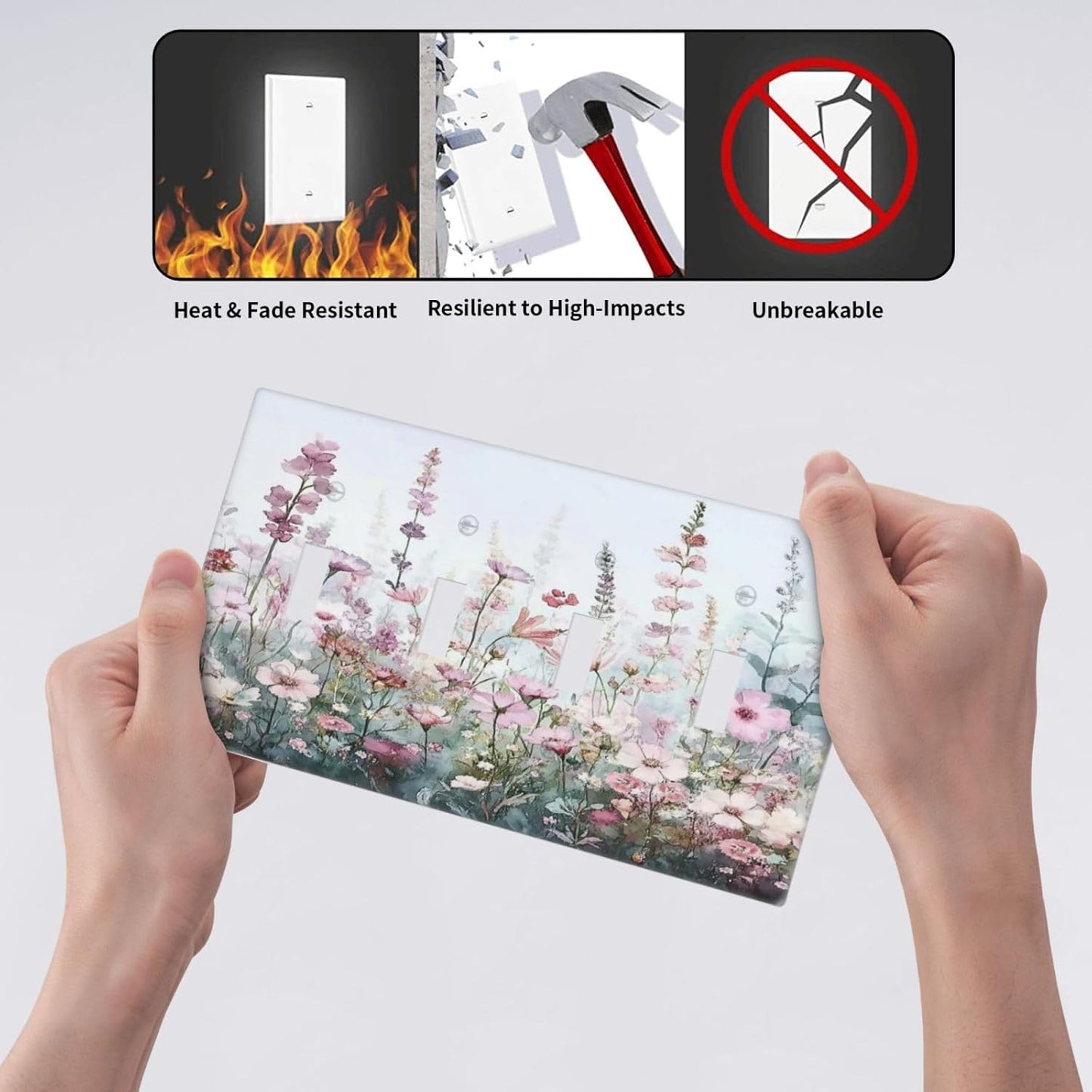Pink Floral Watercolor Botanical Wildflowers Light Switch Covers Quad Toggle Electrical Faceplate 4 Gang Wall Plate Decorative Switch Plates For Bed Room Living Room Decor