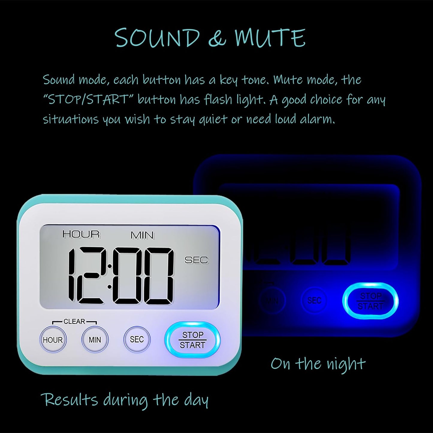Digital Kitchen Timer Magnetic Loud Alarm, Large LCD Screen Silent/Beeping Multi-Function for Teachers Classroom Kids, Sky Blue