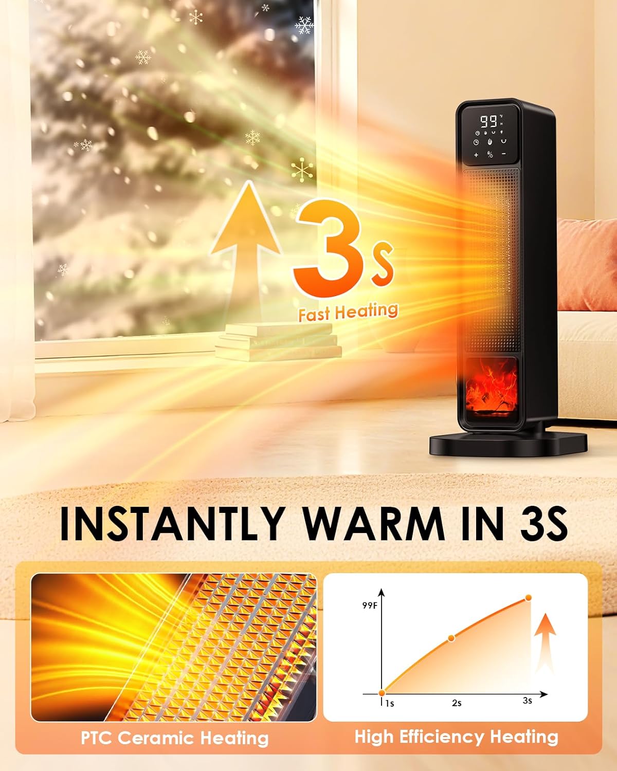 2026 New Space Heater, 1500W Portable Heater with Remote, Quiet Heating Electric Heater for Indoor, PTC Ceramic Fast and Safety Heat, 75° Oscillation & 12H Timer, for Home Bedroom Office Patio
