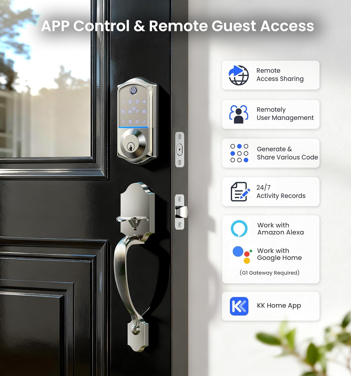 Veise VE017-H Fingerprint Smart Front Door Lock Set, App Control, Keyless Entry Deadbolt with Handle, Smart Deadbolt, Emergency Power Port, Touchscreen Keypad, Auto Lock, Easy Install, Satin Nickel