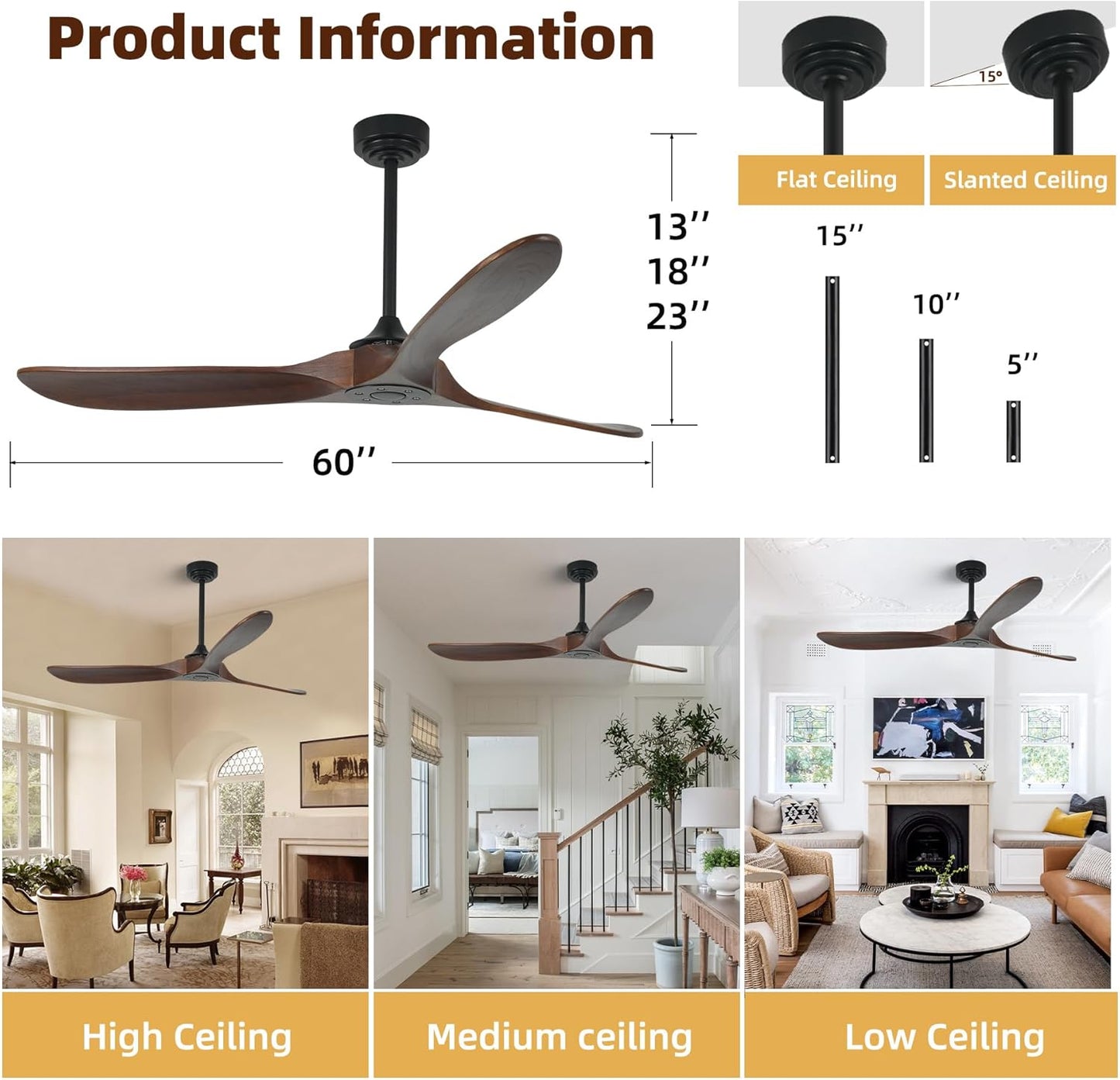 Outdoor Ceiling Fan Without Light, 60 Inch Smart Ceiling Fan with Remote & Voice Control for Alexa/Google, 3-Blade Wood Fan, Quiet DC Motor, 6 Speeds for Patio, Porch, Farmhouse, Dark Walnut