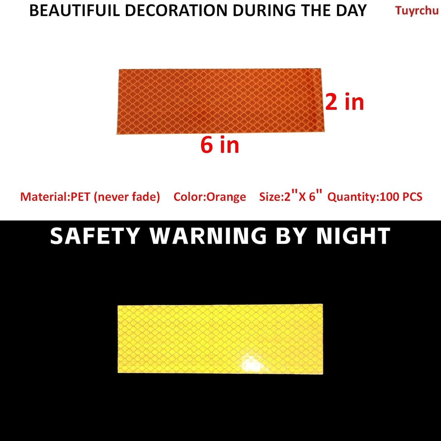 Non Fading Orange Reflective Stickers 2 inch X 6 inch, Outdoor Waterproof High Visibility Warning Safety Adhesive Reflector Tape (100 Pcs)
