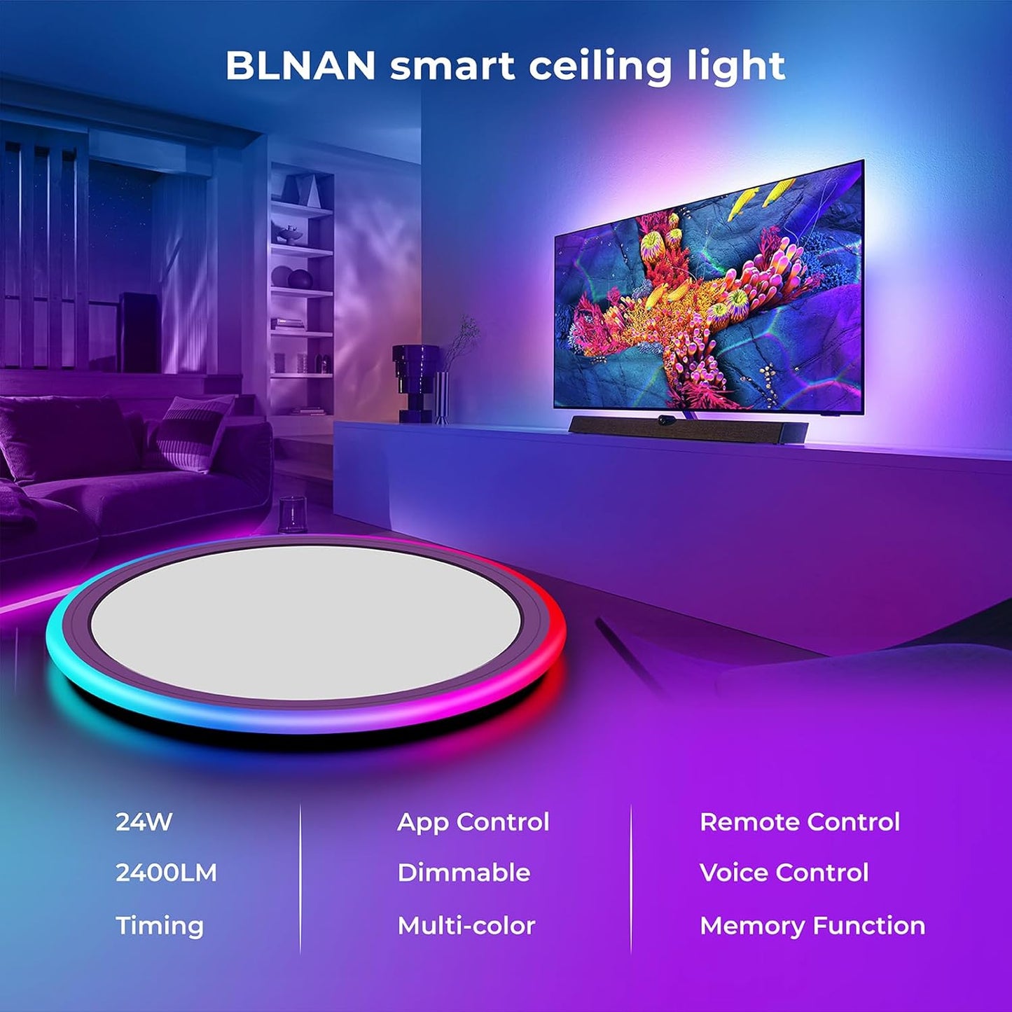 BLNAN Smart RGB LED Flush Mount Ceiling Light with Remote, 13 Inch 24W Dimmable Color Changing Low Profile Wired White Fixture, Works with Alexa Google Home App for Bedroom Living Kids Room Party
