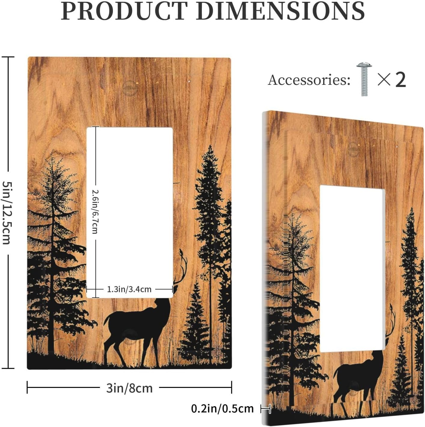 Decorative Outlet Covers Rustic Farmhouse Orange Brown Pine Tree Deer Wood Grain 1 Gang Single Rocker Light Switch Cover Plate Wall Plates GFCI Faceplate for living Room Cabin Decor