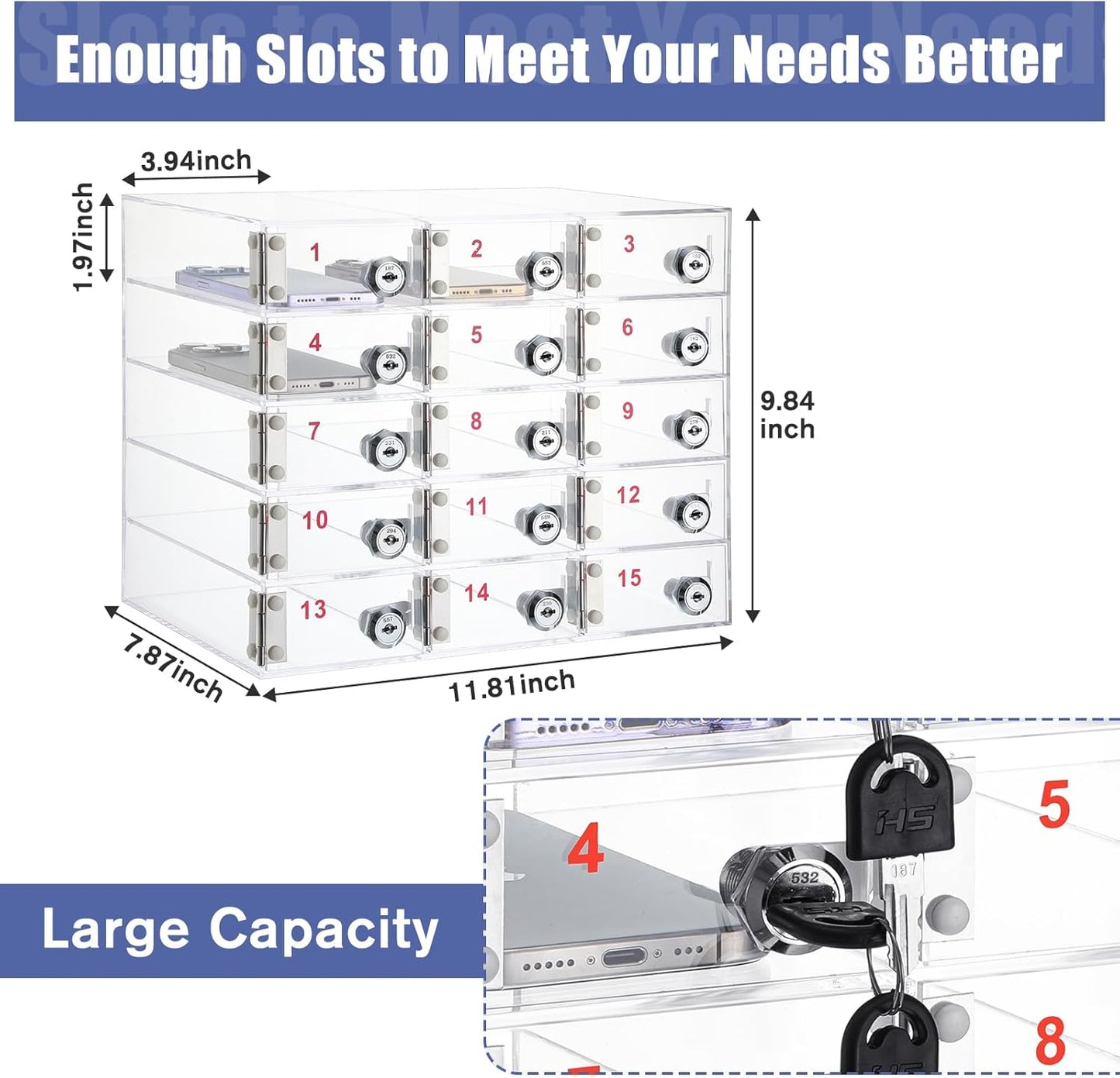 Layhit 15 Slots Cell Phone Locker Box for Classroom Clear Acrylic Cell Phone Storage Cabinet Bin with Door Locks for Classroom School Students Office Factory Employees