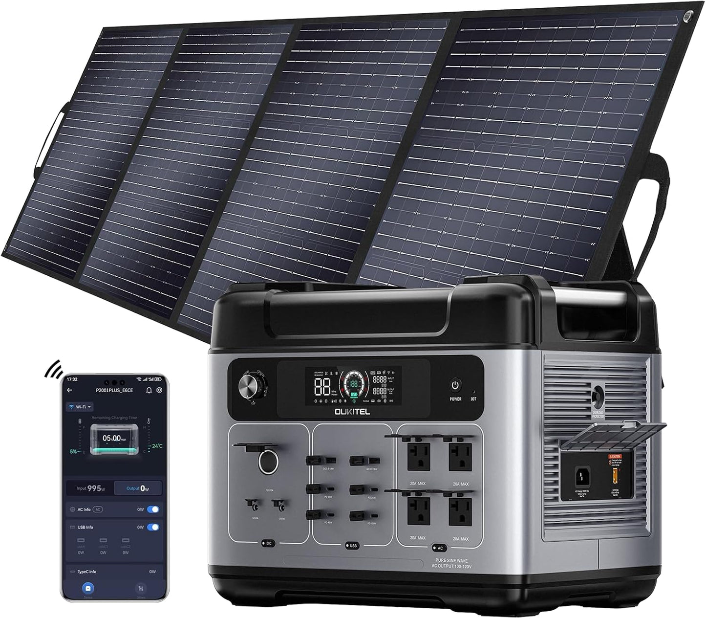 OUKITEL P2001 Plus 2400W/2048Wh Solar power station with 4 AC Outlets(5000W Peak),2400W Solar Generator with 400W Solar Panels, 1800W Super Fast Charging, Emergency Power Station for Home, Camping