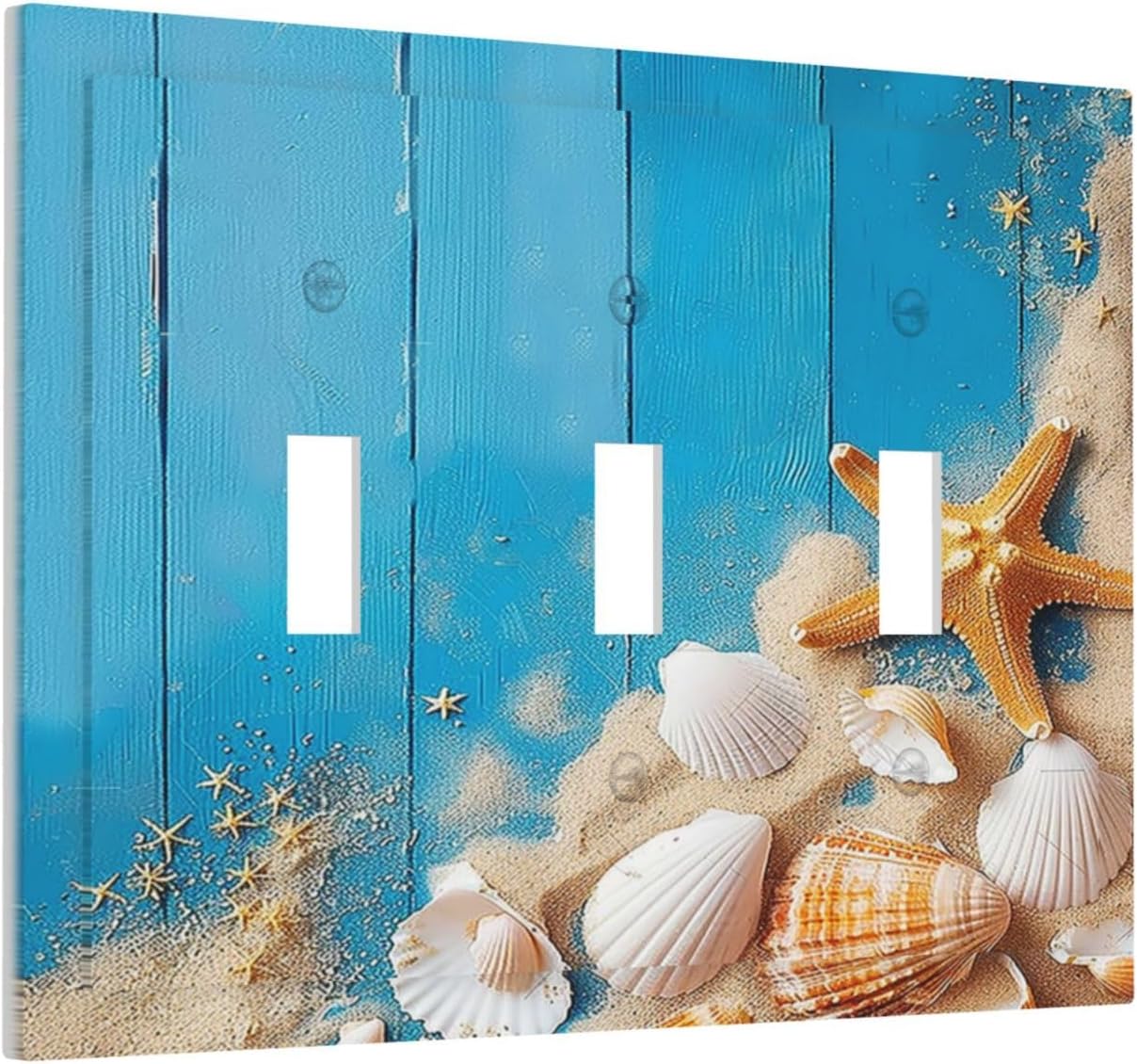 Decorative Switch Plates Blue Wood Grain Beach Shell Starfish 3 Gang Wall Plate Triple Toggle Light Switch Cover Faceplate Electrical Wall Panels for Bathroom Farmhouse Decor