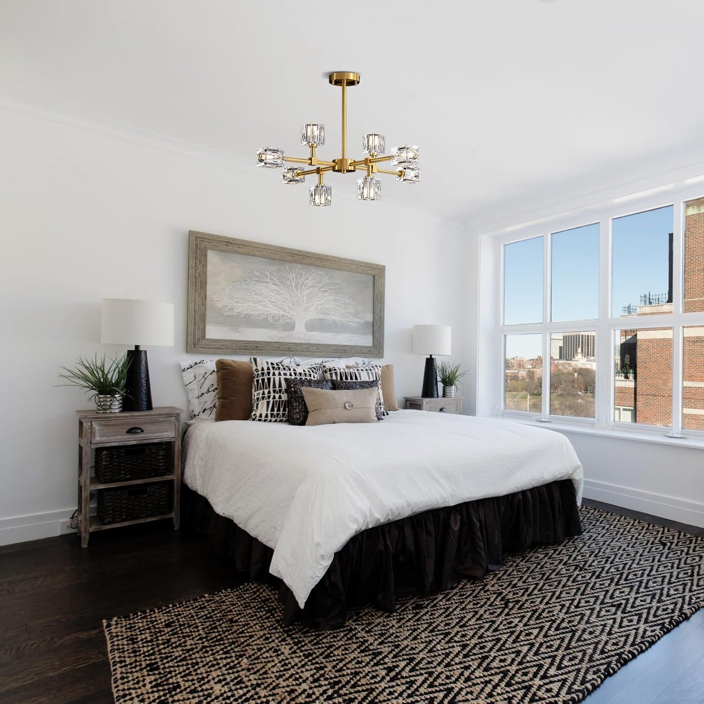 Sputnik Chandeliers for Dining Room Light Fixture, Modern Crystal Chandelier, 8-Lights Gold Semi Flush Mount Ceiling Light for Living Room Bedroom, Dining Room,Kitchen Island