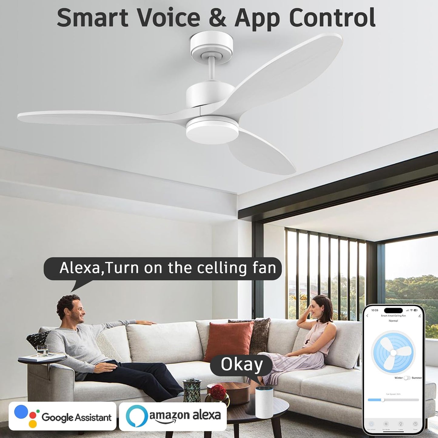 cumilo 52" Smart Wood Ceiling Fans with light and Remote,Dimmable LED Light,Quiet DC Motor,Control with Alexa Google Voice App,Outdoor Indoor Modern Ceiling Fan for Bedroom Patio,White