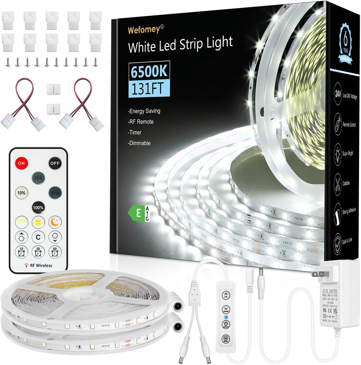 White LED Strip Lights, 131ft Dimmable 24V LED Lights Strip 6500K Bright Daylight White, Flexible Tape Lights for Bedrooms, Kitchen, Cabinet, Christmas Decor, 2 Rolls of 65.6ft