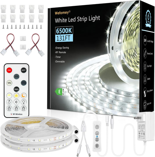 White LED Strip Lights, 131ft Dimmable 24V LED Lights Strip 6500K Bright Daylight White, Flexible Tape Lights for Bedrooms, Kitchen, Cabinet, Christmas Decor, 2 Rolls of 65.6ft