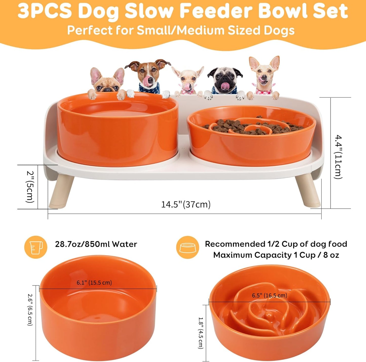Elevated Slow Feeder Dog Bowls - Ceramic Food and Water Bowl Set with Stand - Raised Pet Dishes for Small and Medium Sized Dogs