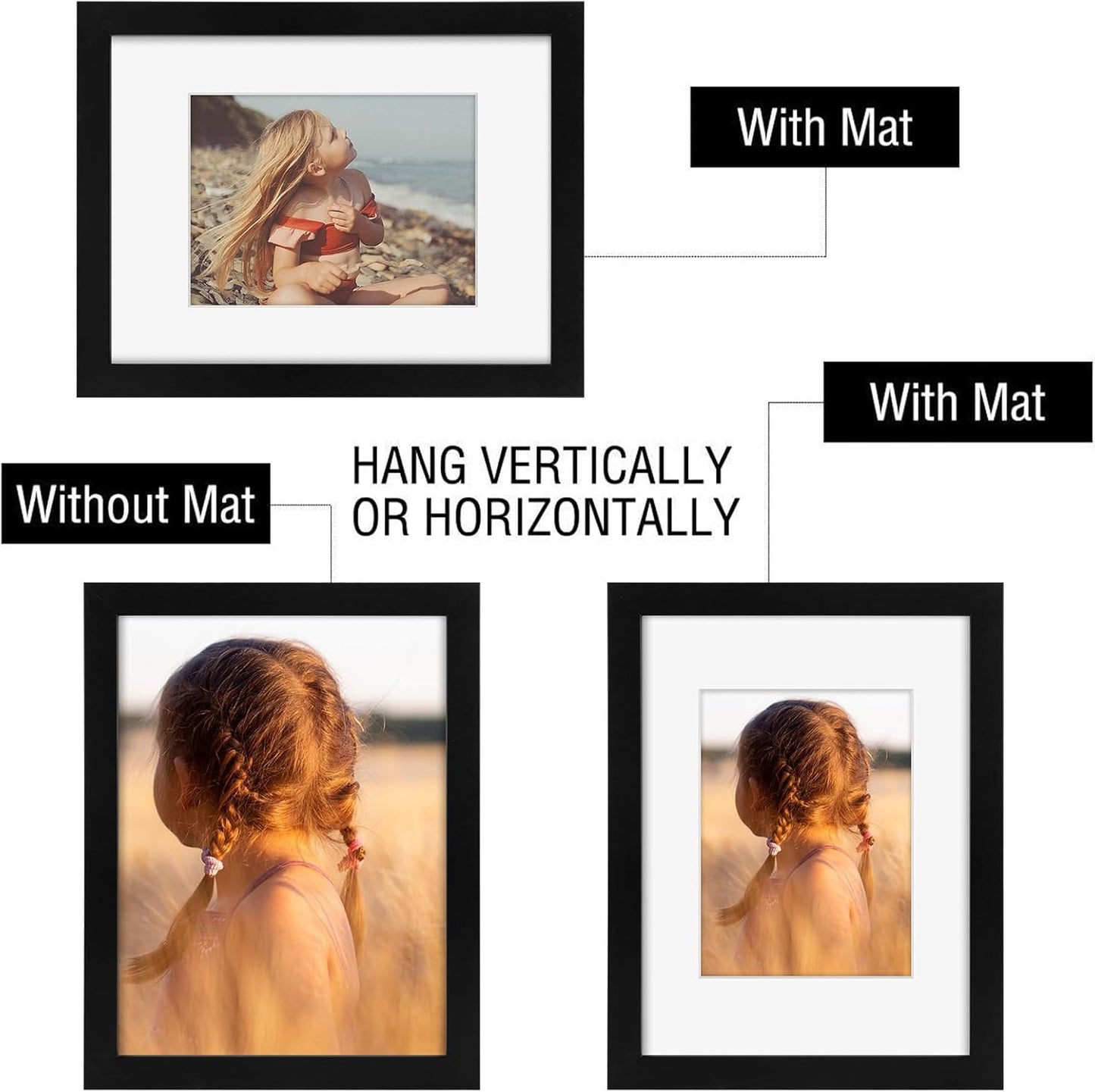 Golden State Art, 9x12 Picture Frame with Mat for 6x8 - High Definition Glass Wall Mounting Horizontal Vertical Display (Black, 1 Pack)