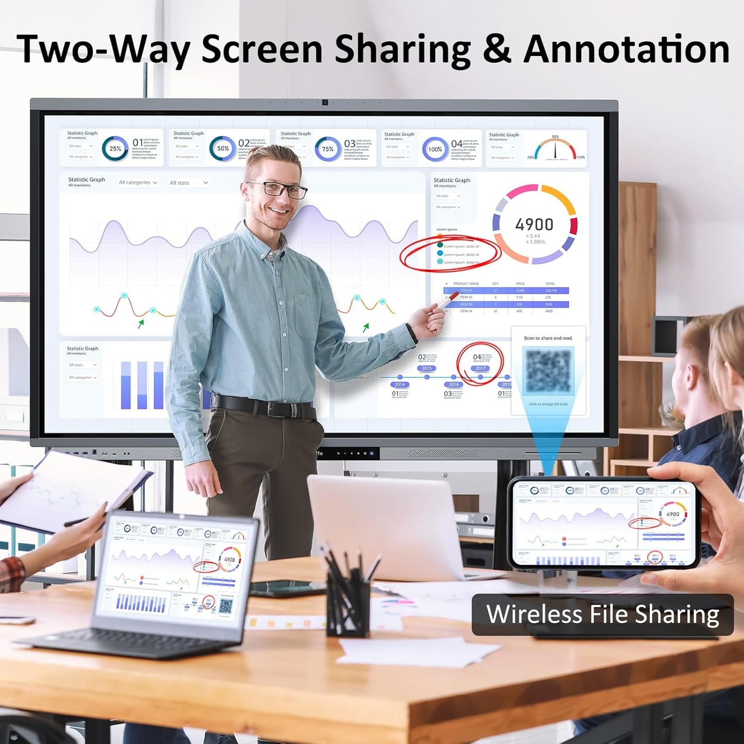 Shiarffe R9 Smart Board 4K Interactive Whiteboard EDLA-Certified All-in-One Touchscreen Digital Display Built-in 50MP AI Camera Mics and 60W Speaker for Classrom Hybrid Work