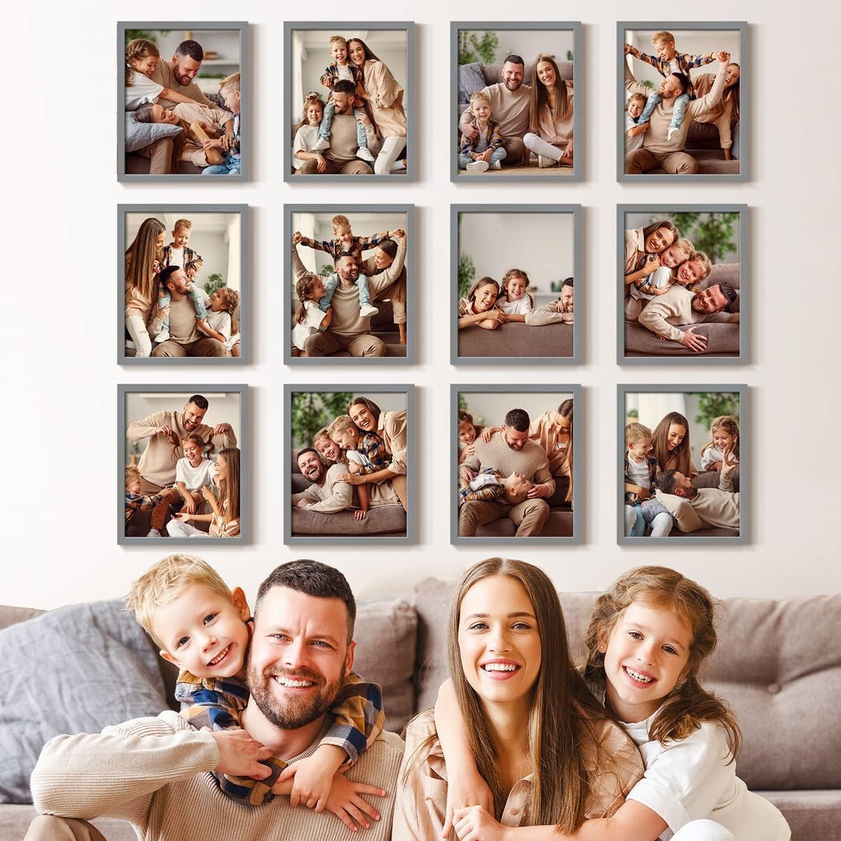 Renditions Gallery Set of 12, 8X10 Custom Photo Prints with Real Wood Picture Frames. Create Personalized Photos with Peel & Stick Photo Frames. Gray Frame