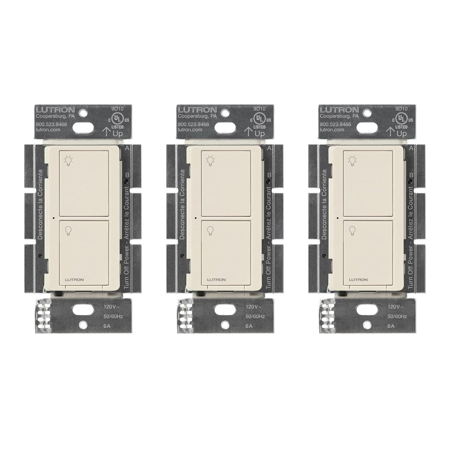 Lutron Caseta Original Smart Light Switch (Lutron Smart Hub Required), for Home, LED Lights, and Fans, 6 Amp, Single-Pole/3-Way, Neutral Required, PD-6ANS-LA, Almond, 3 Pack